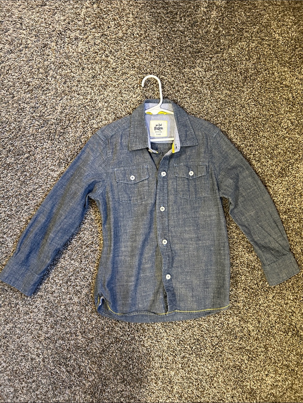 Mini Boden Boys Chambray Shirt - Blue with Yellow Trim